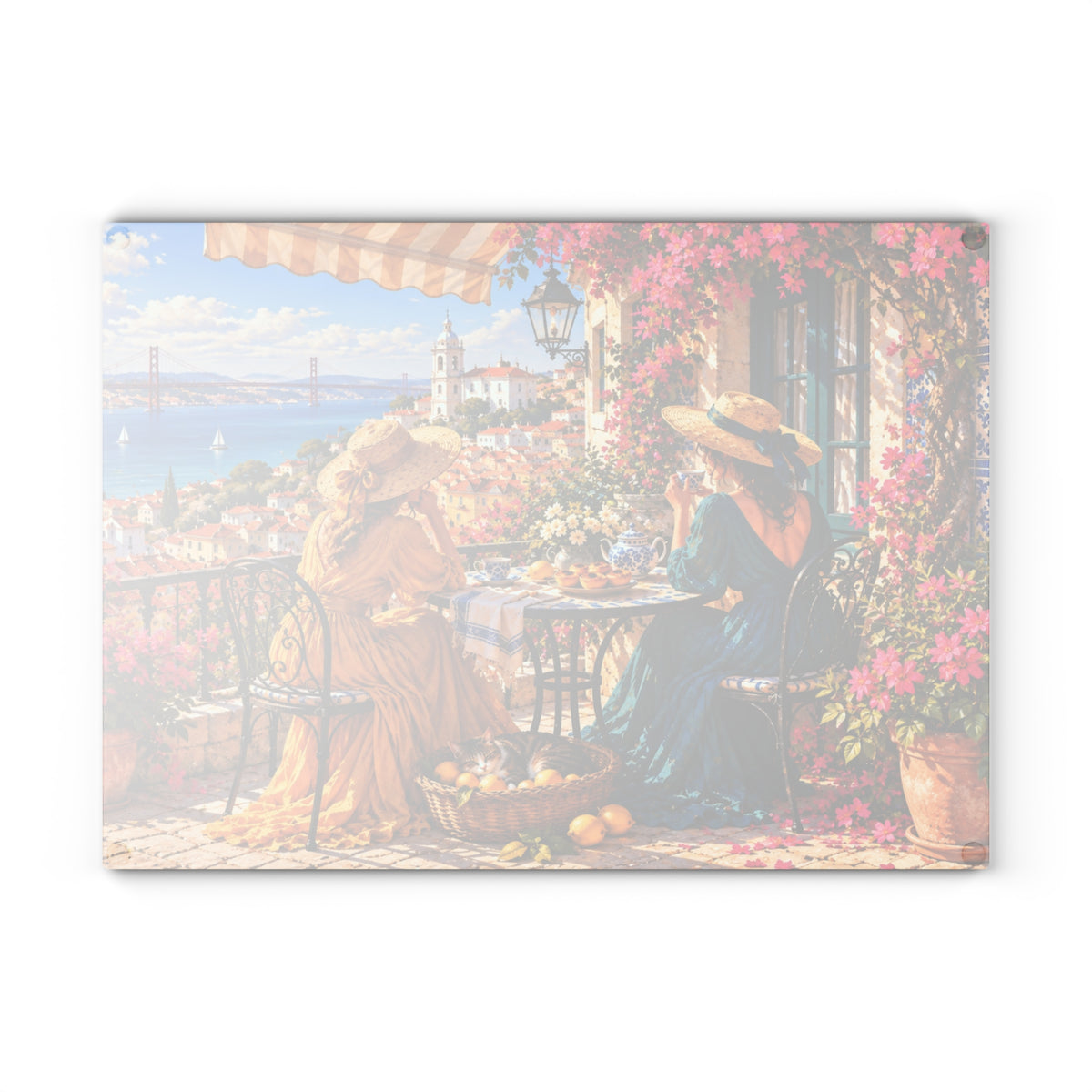 Lisbon Portugal Coastal Terrace – Tempered Glass Cutting Board – European Seaside Art