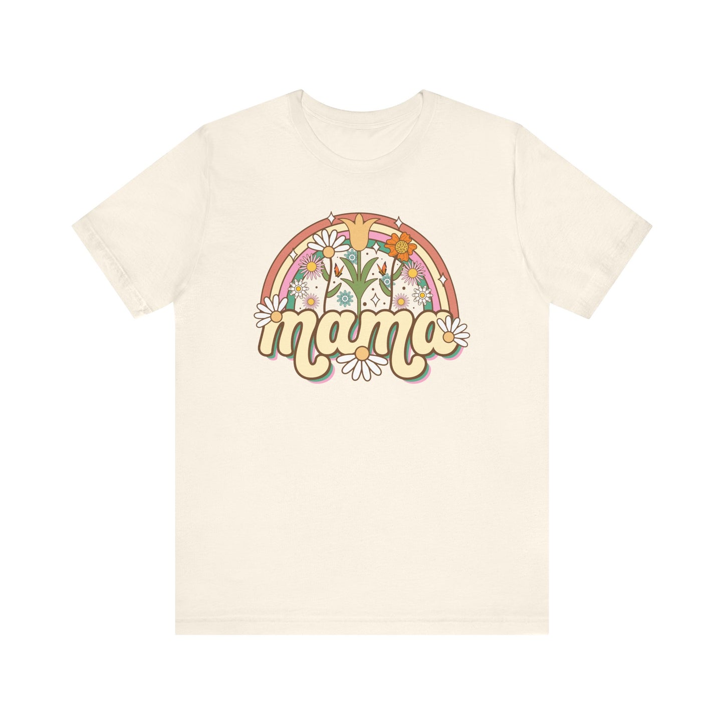 🌼🌈 Retro Floral Mama T-Shirt – Boho Rainbow Graphic Tee for Moms 🌻✨