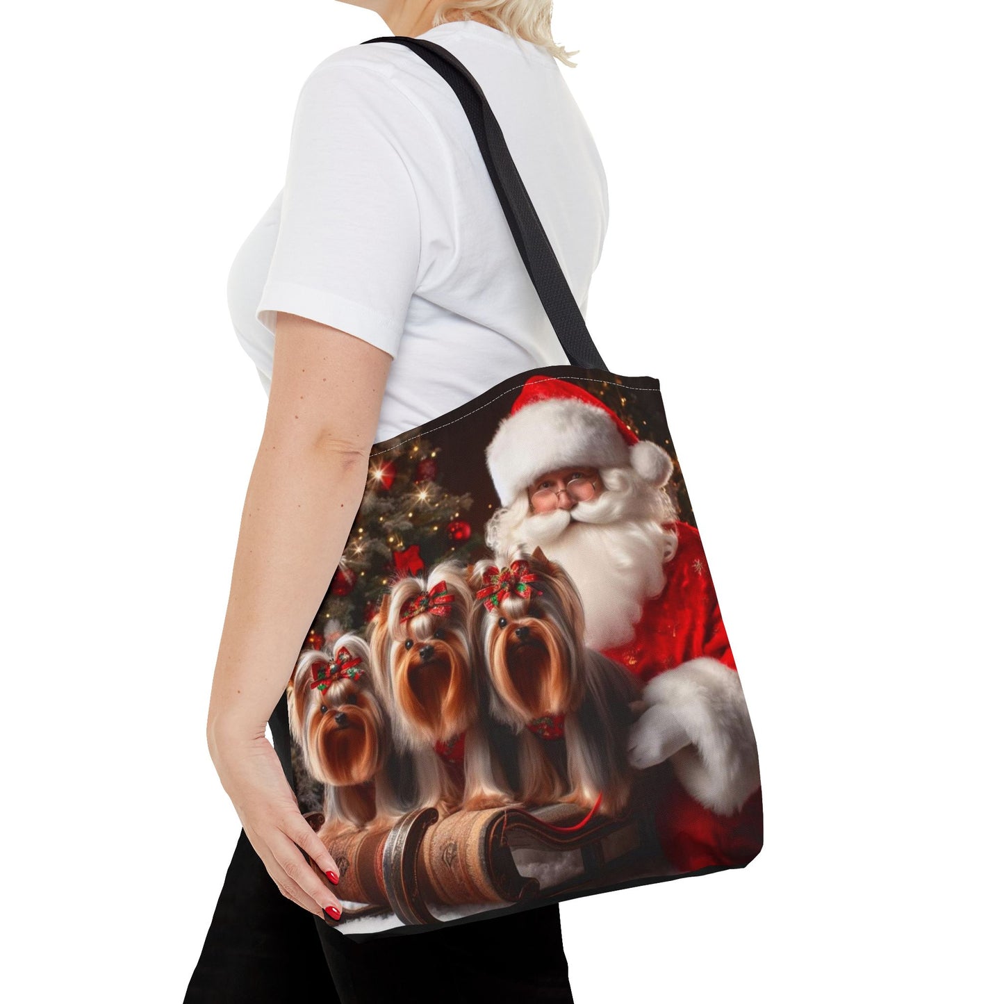 🎅 Santa & Yorkies Christmas Tote Bag – Holiday Cheer with a Furry Twist 🎄