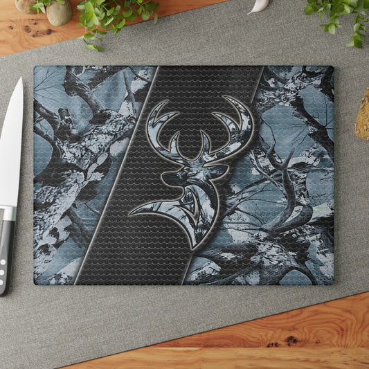Camo Deer Buck Glass Cutting Board – Rustic Hunting Lodge Kitchen Art