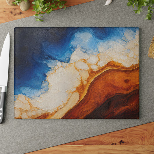 Coastal Resin-Painted Look Ocean Abstract Glass Cutting Board – Blue Waves and Golden Shoreline Artwork
