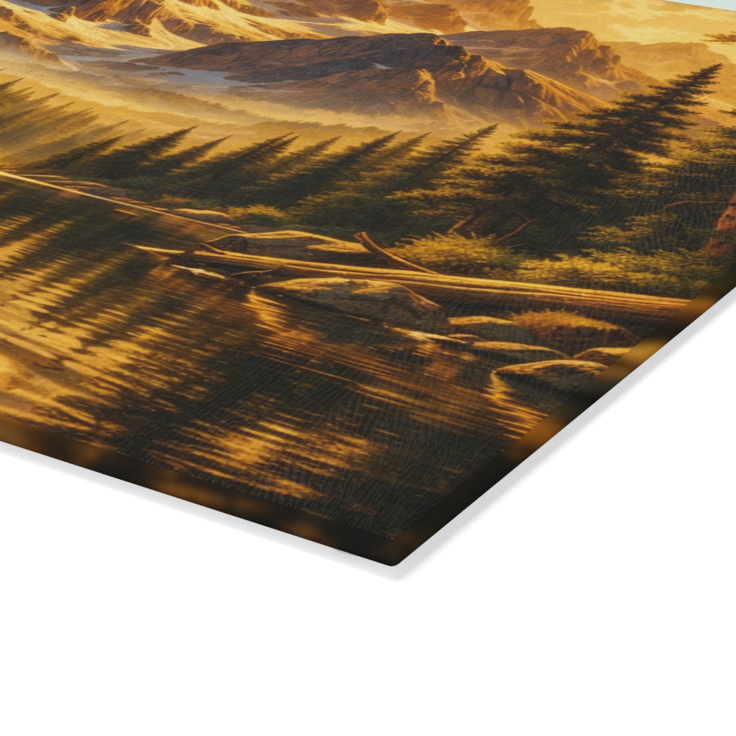 Golden Mountain Bass Glass Cutting Board – Rustic Fishing Lake Landscape Kitchen Art