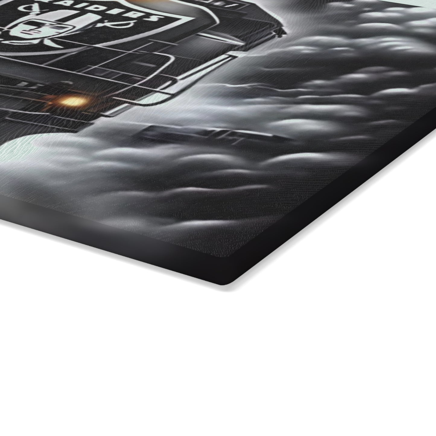 Silver & Black Express Glass Cutting Board – Sleek Train Art for Bold, Modern Kitchens