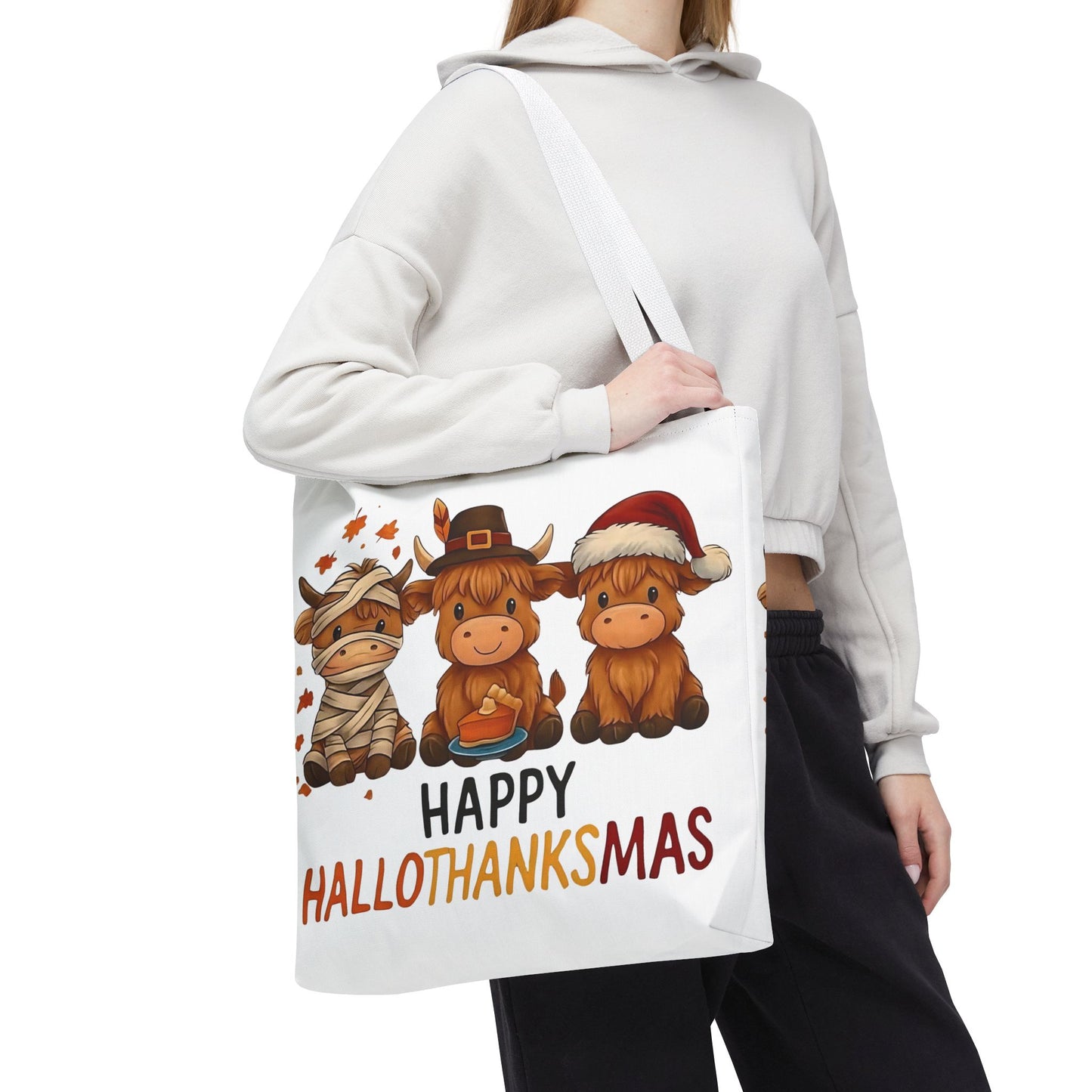 🐮 Happy Hallothanksmas Highland Cow Tote Bag – Holiday Fun All Season 🎃🦃🎄👜