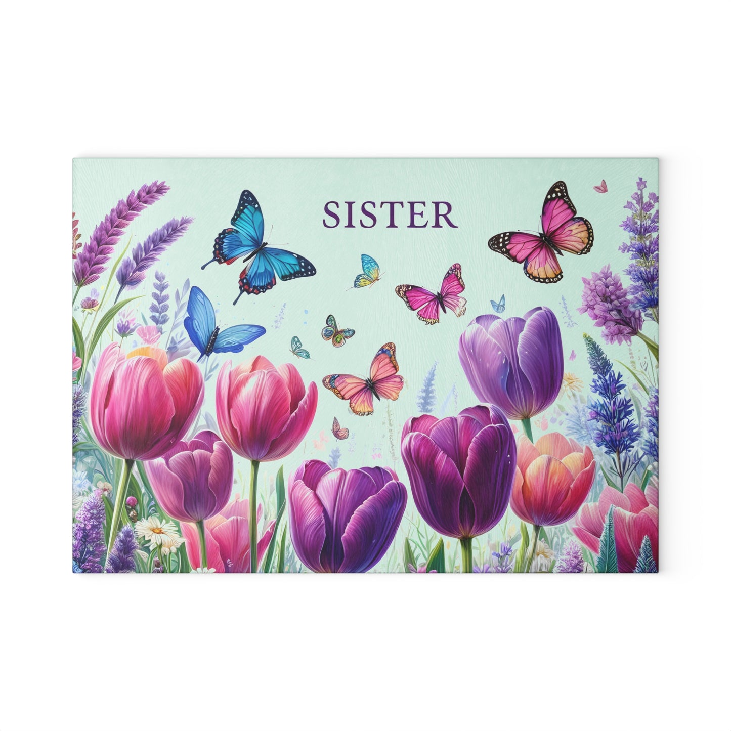 🦋 Sister Butterfly & Tulip Cutting Board – Floral Elegance for Her Kitchen 🌷
