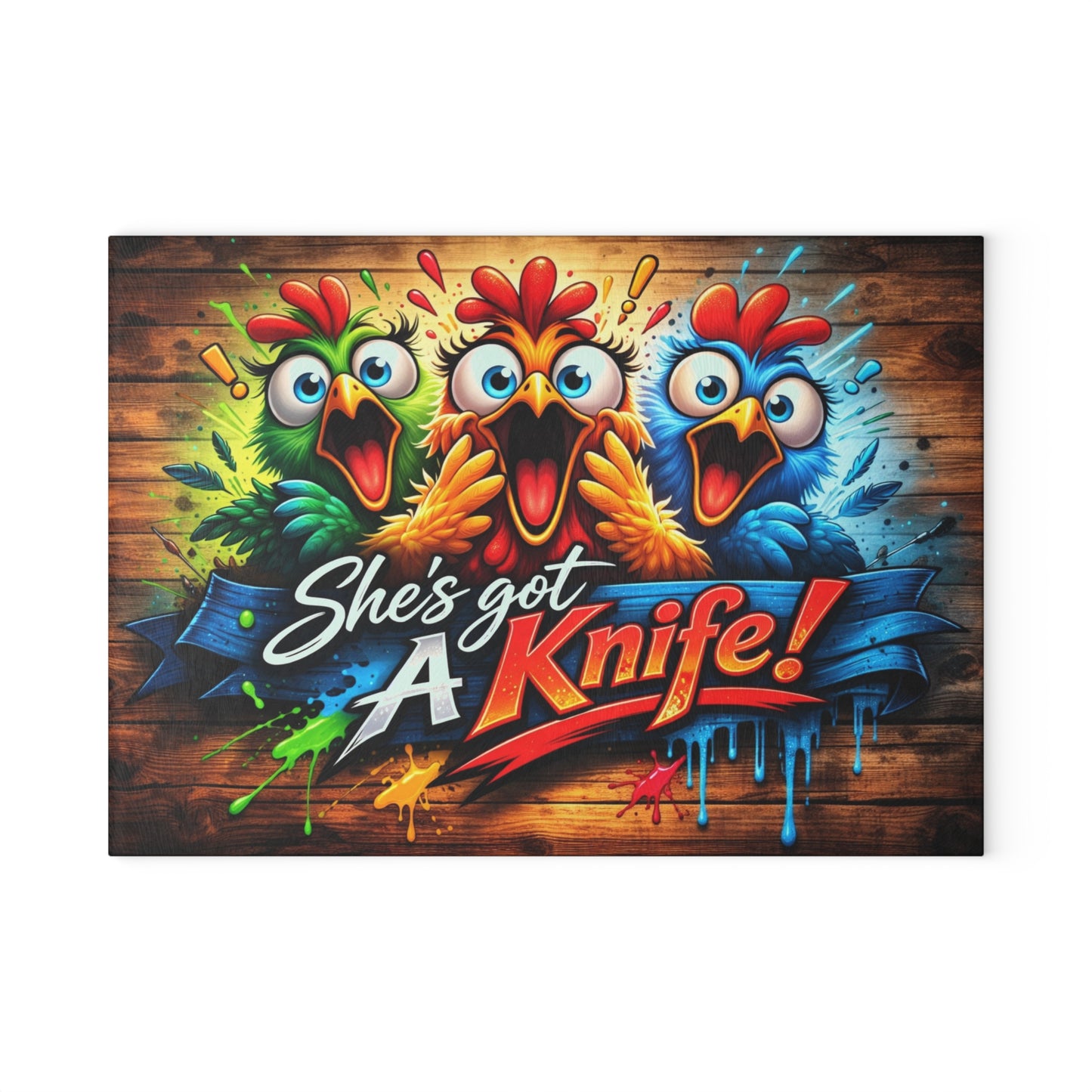 She’s Got a Knife! Glass Cutting Board – Hilarious Chicken Cartoon Kitchen Humor