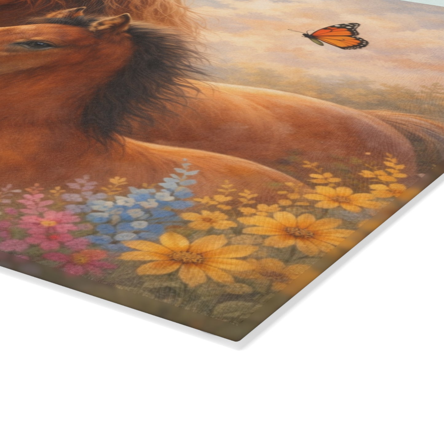 Mother and Foal Floral Glass Cutting Board – Rustic Country Kitchen Decor