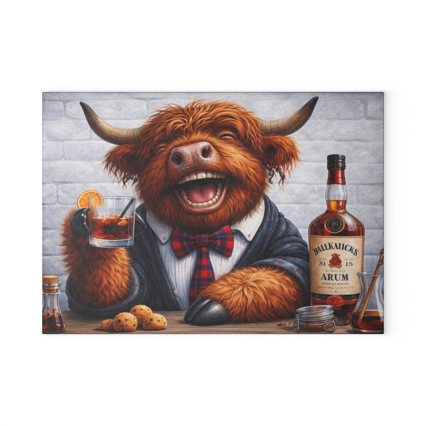 Smiling Highland Cow Whiskey Glass Cutting Board – Playful Farm Bar Art with Rustic Humor