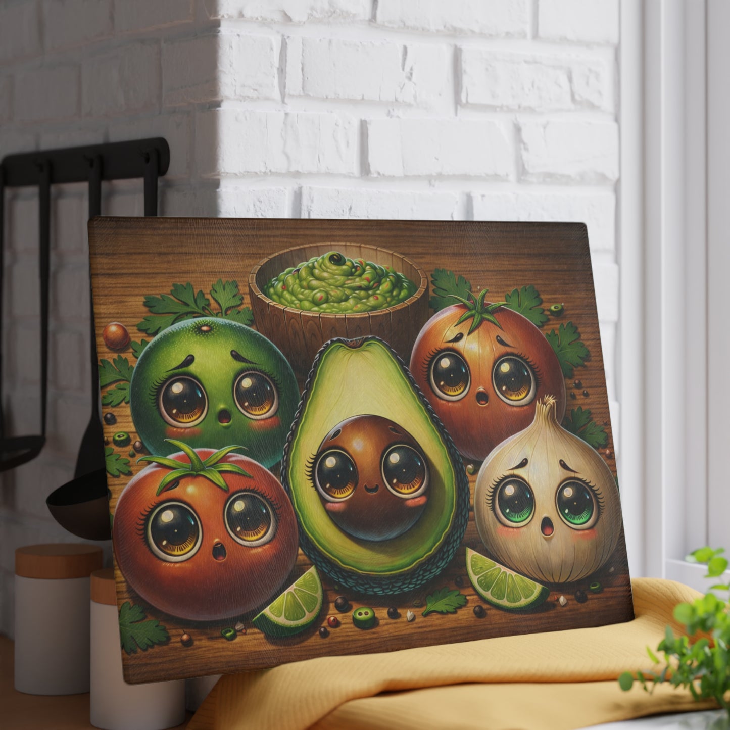 Cute Avocado & Veggie Glass Cutting Board – Whimsical Kitchen Art with Guacamole Charm