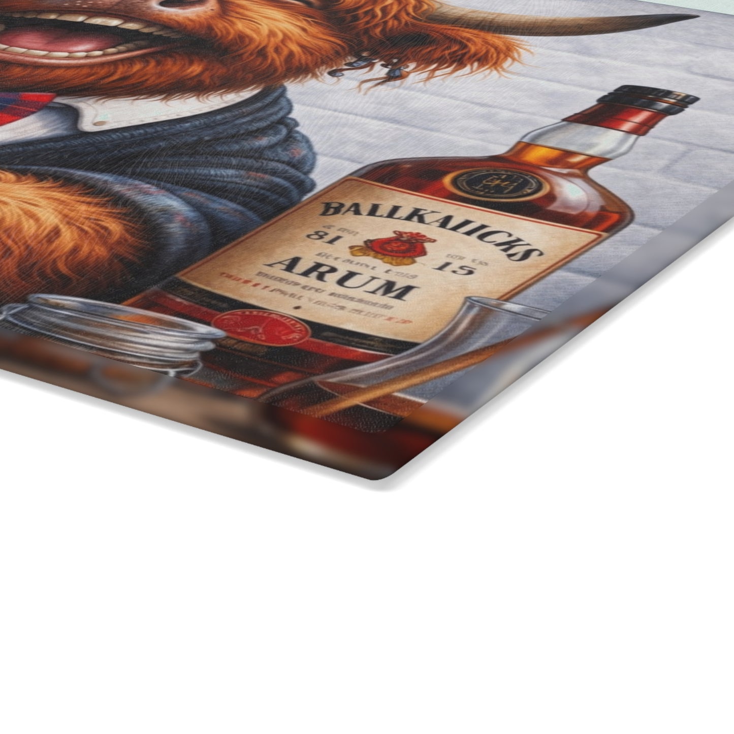 Smiling Highland Cow Whiskey Glass Cutting Board – Playful Farm Bar Art with Rustic Humor