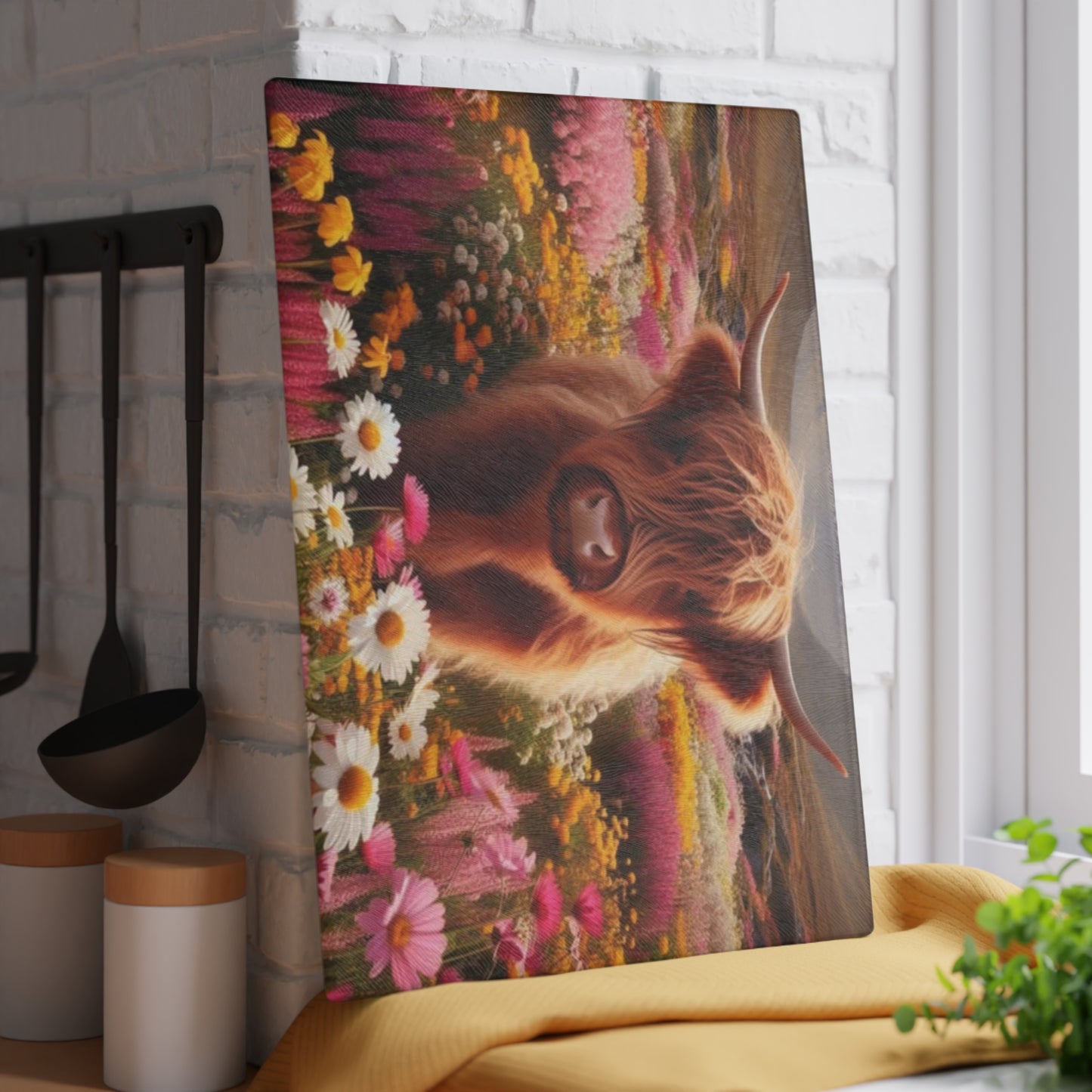 🐮 Highland Cow in a Field of Flowers – Rustic Floral Glass Cutting Board