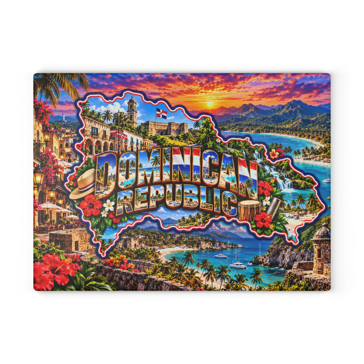 Dominican Republic Map Cutting Board – Tropical Beaches, Historic Architecture, Waterfalls, Palm Trees & Caribbean Kitchen Décor