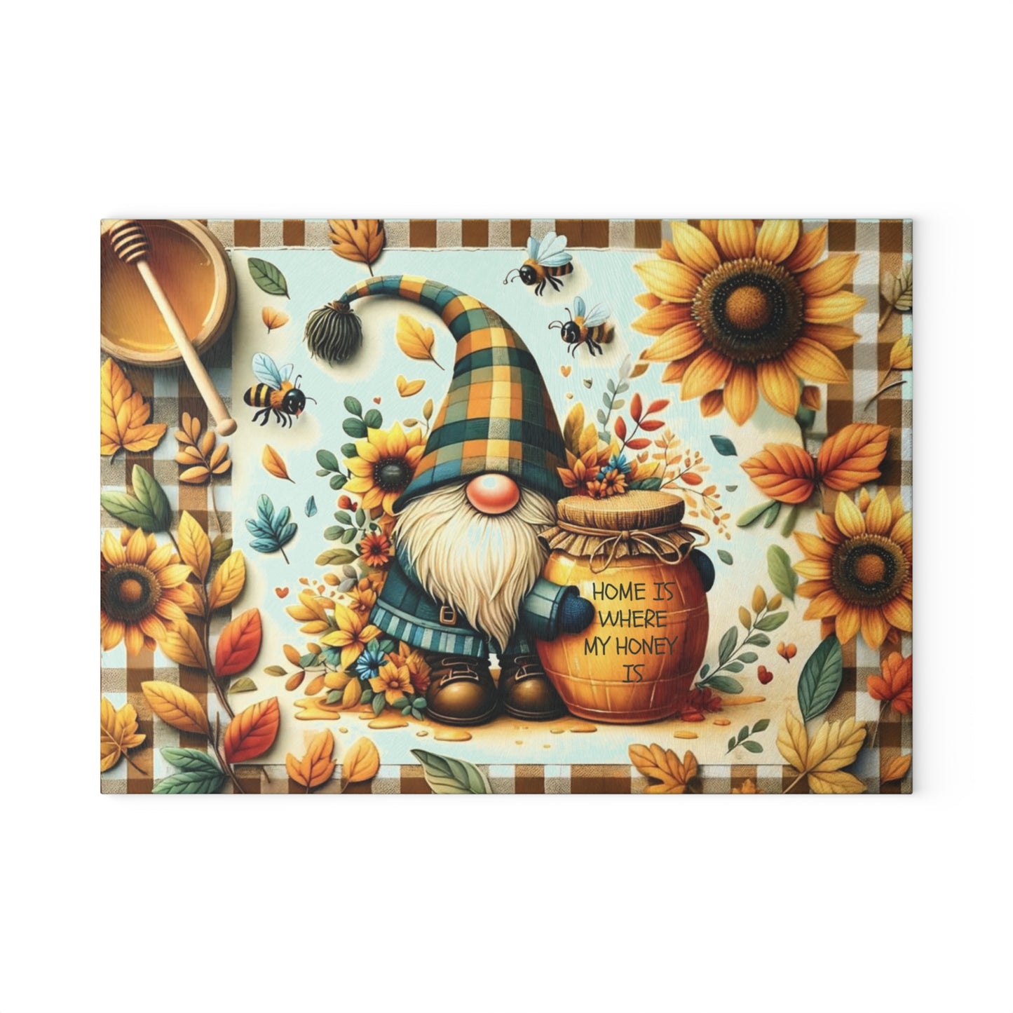 🐝🌻 “Home Is Where My Honey Is” Gnome Glass Cutting Board – Sunny Cheer for Your Kitchen