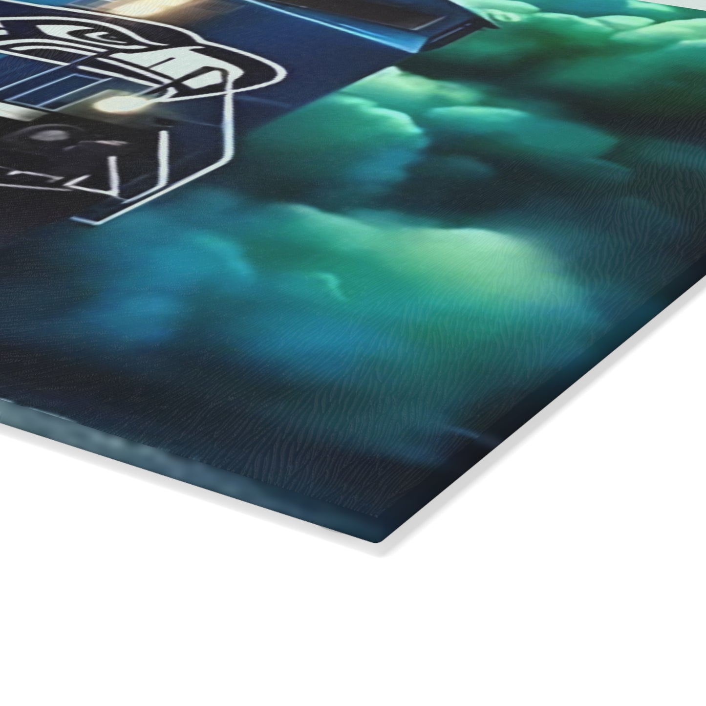 Navy & Bright Green Express Glass Cutting Board – Bold Train Art for Modern Kitchens