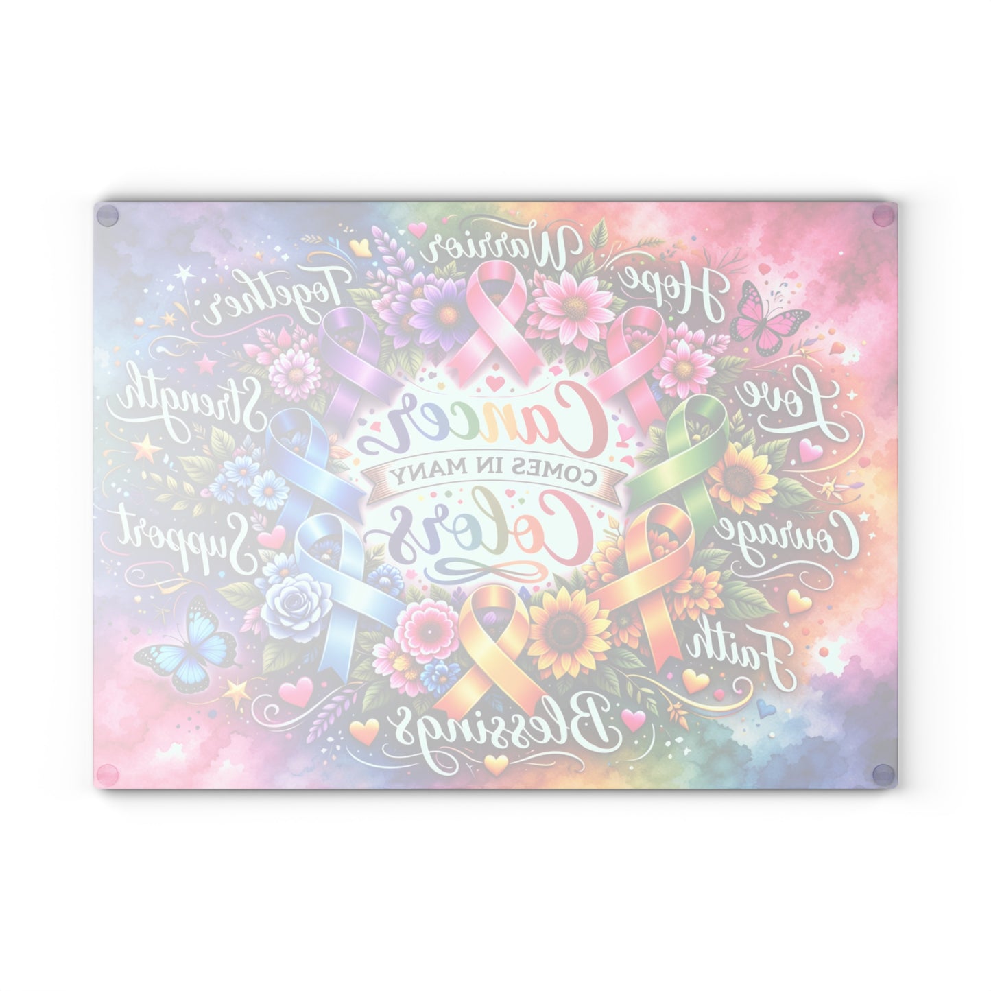 Cancer Comes in Many Colors Glass Cutting Board – Awareness Ribbon Floral Artwork