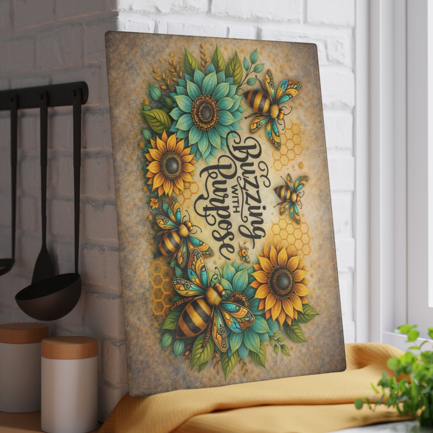 Buzzing with Purpose Glass Cutting Board – Rustic Farmhouse Kitchen Decor