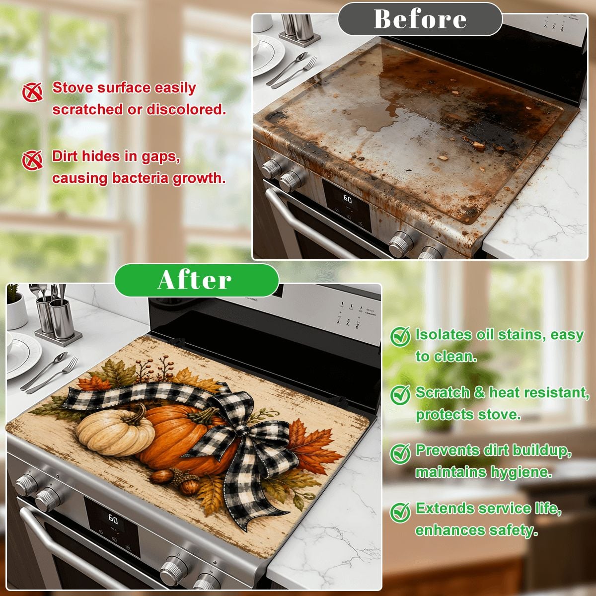 Rustic Fall Pumpkin Stove Top Cover – Buffalo Plaid Autumn Stove Protector Mat