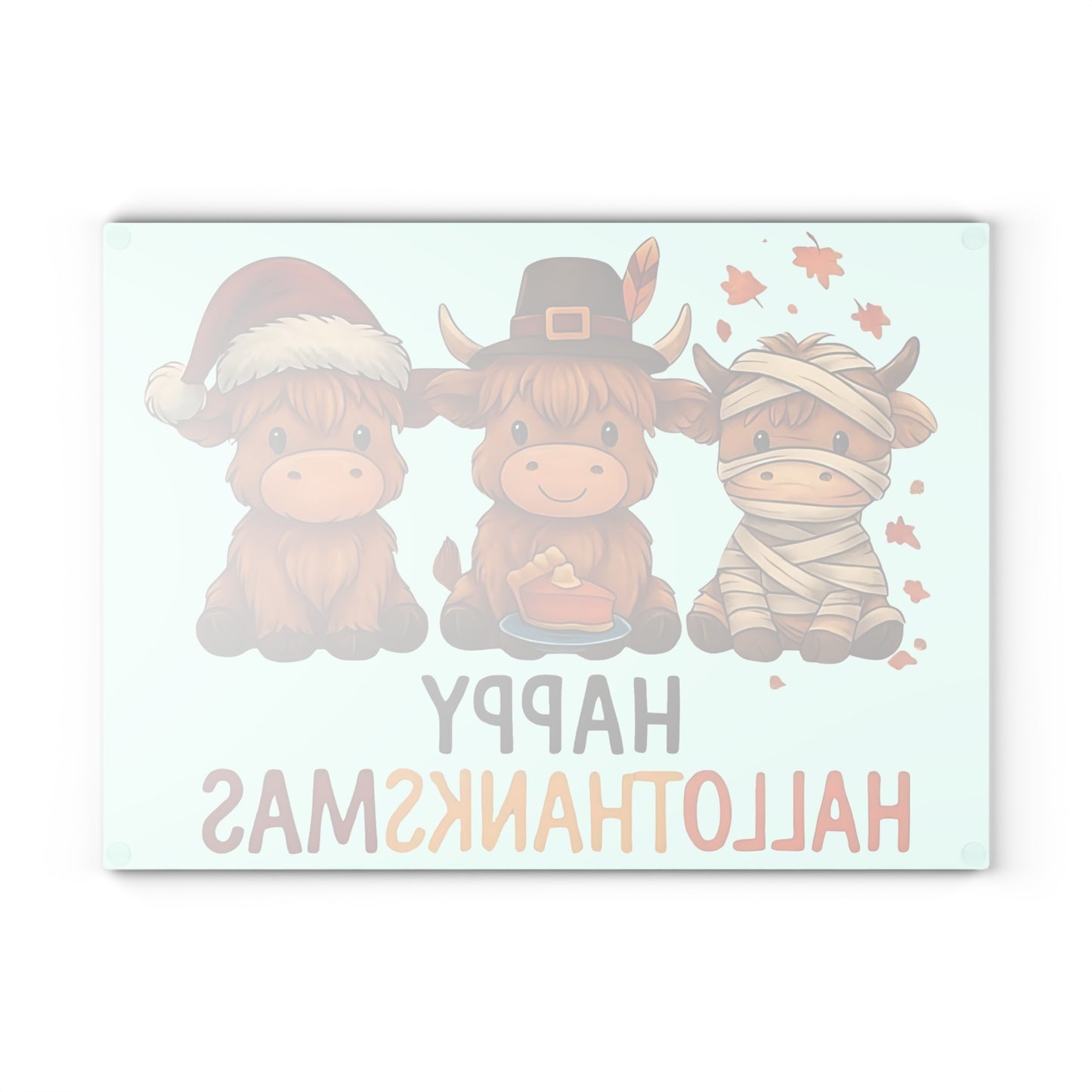 🎃🦃🎄 Happy Hallothanksmas Highland Cow Cutting Board – Festive Multi-Holiday Kitchen Décor 🍁🥧✨