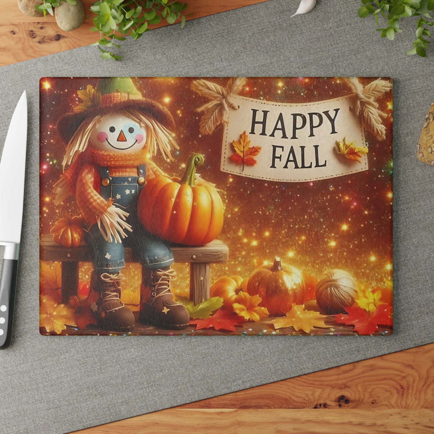 🍂🌟 Happy Fall Scarecrow Cutting Board – Rustic Autumn Kitchen Décor with Pumpkins & Golden Glow 🎃✨