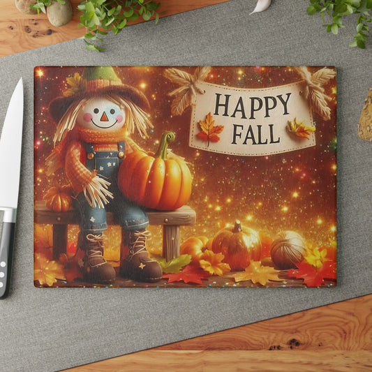 🍂🌟 Happy Fall Scarecrow Cutting Board – Rustic Autumn Kitchen Décor with Pumpkins & Golden Glow 🎃✨