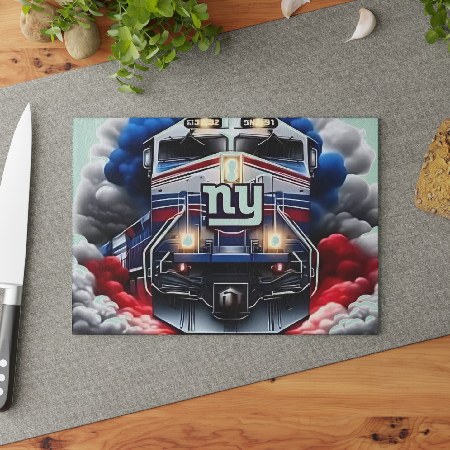 Royal Blue & Red Express Glass Cutting Board – Striking Train Design for Bold Kitchens