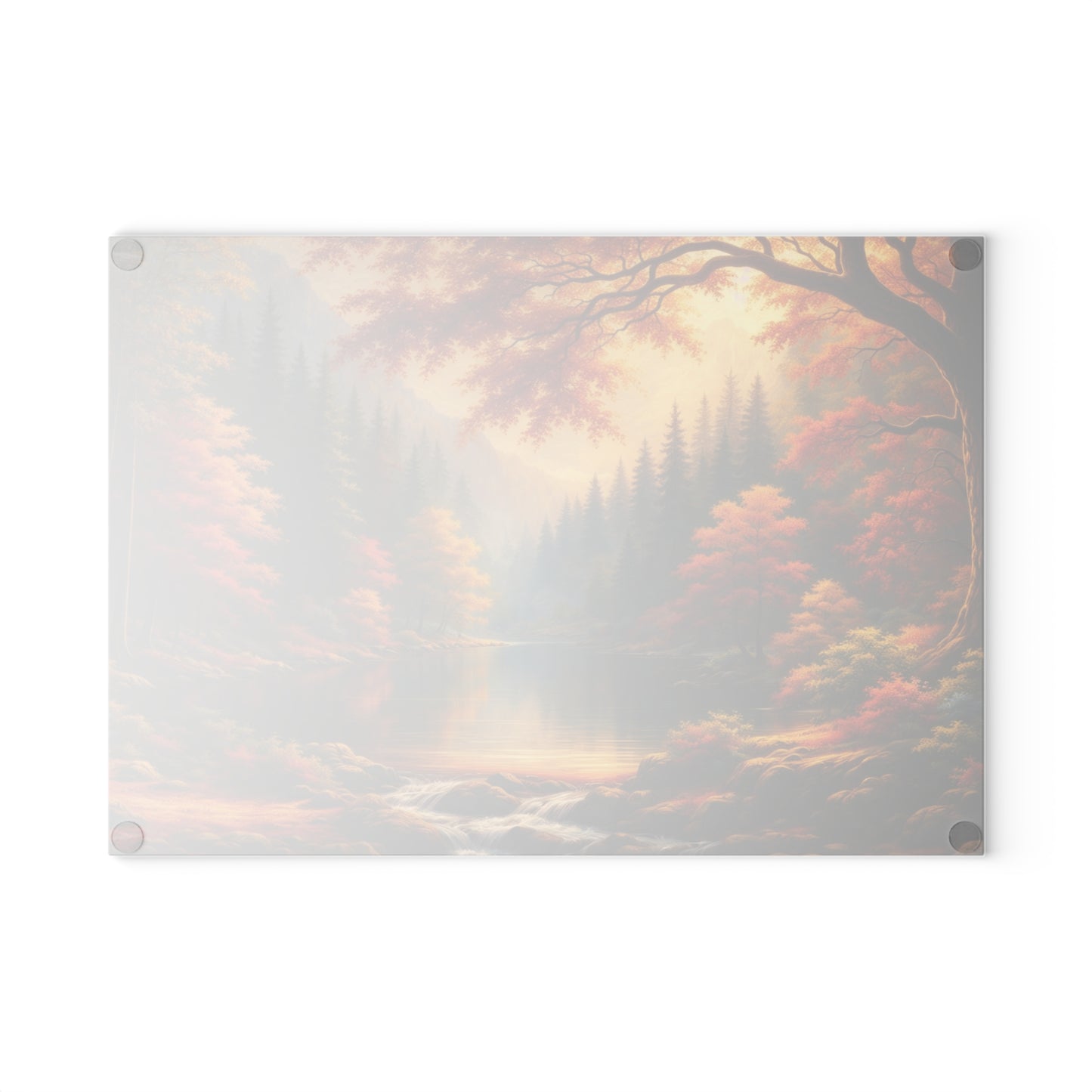 Autumn Forest Lake Glass Cutting Board – Warm Fall Landscape Kitchen Art