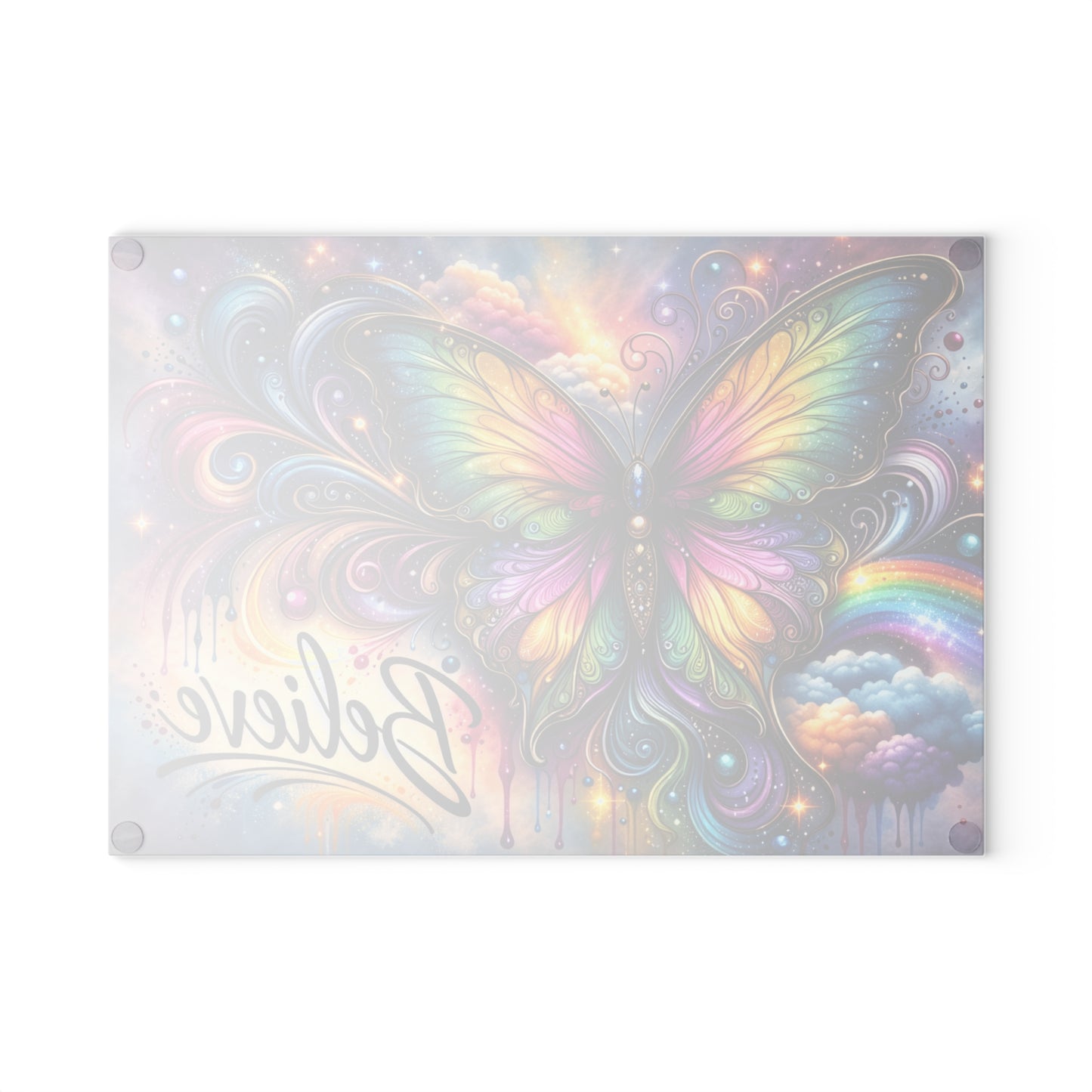 Believe Butterfly Glass Cutting Board – Rainbow Butterfly Inspirational Kitchen Art