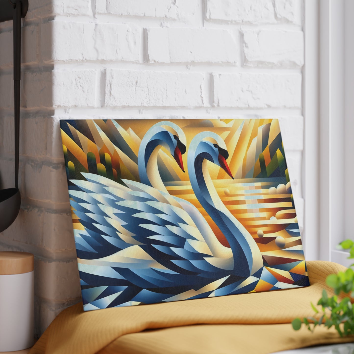 Two Cubist Swans Glass Cutting Board – Artistic River Scene