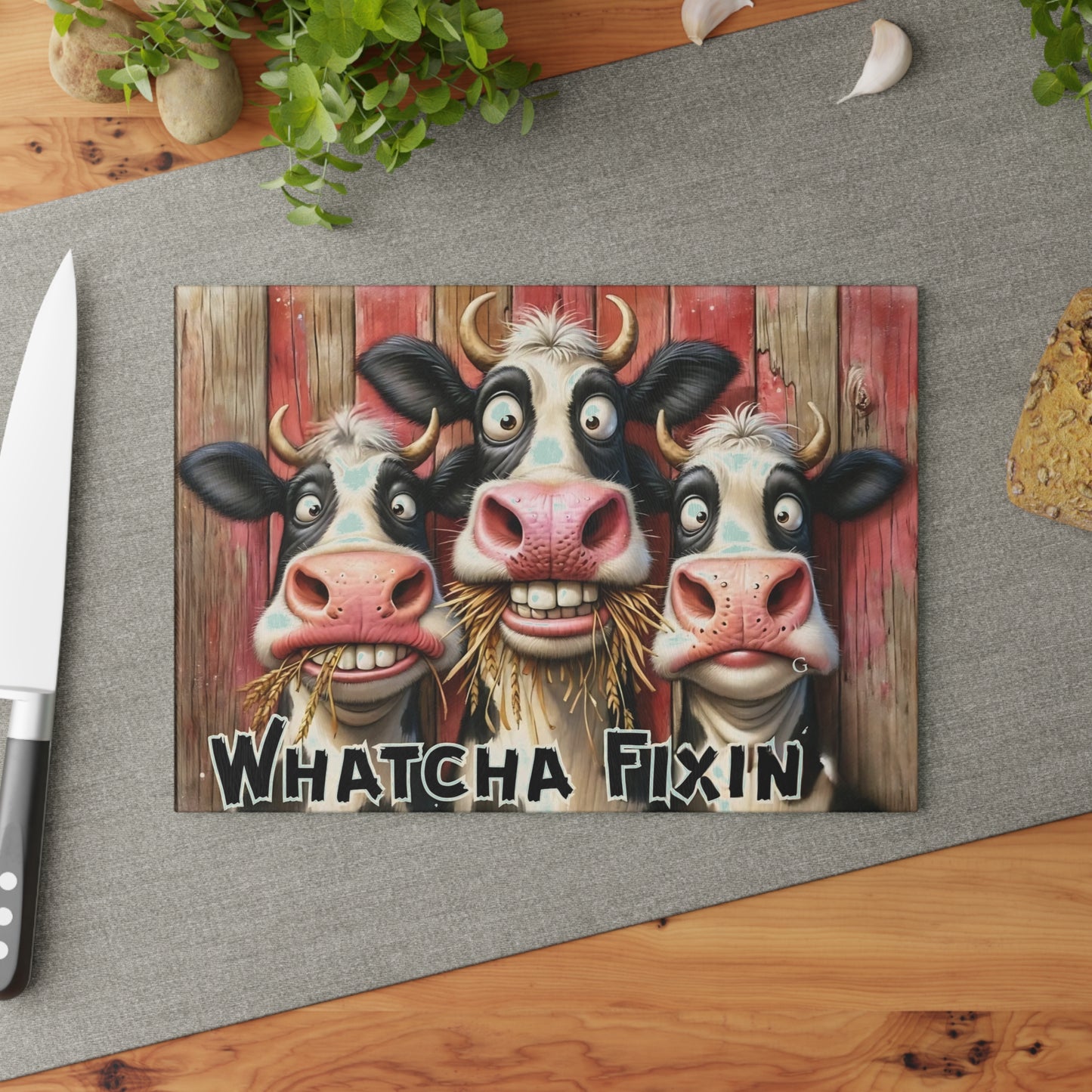 🐄 Whatcha Fixin’ Cow Trio Cutting Board – Funny Farmhouse Kitchen Décor with Rustic Charm