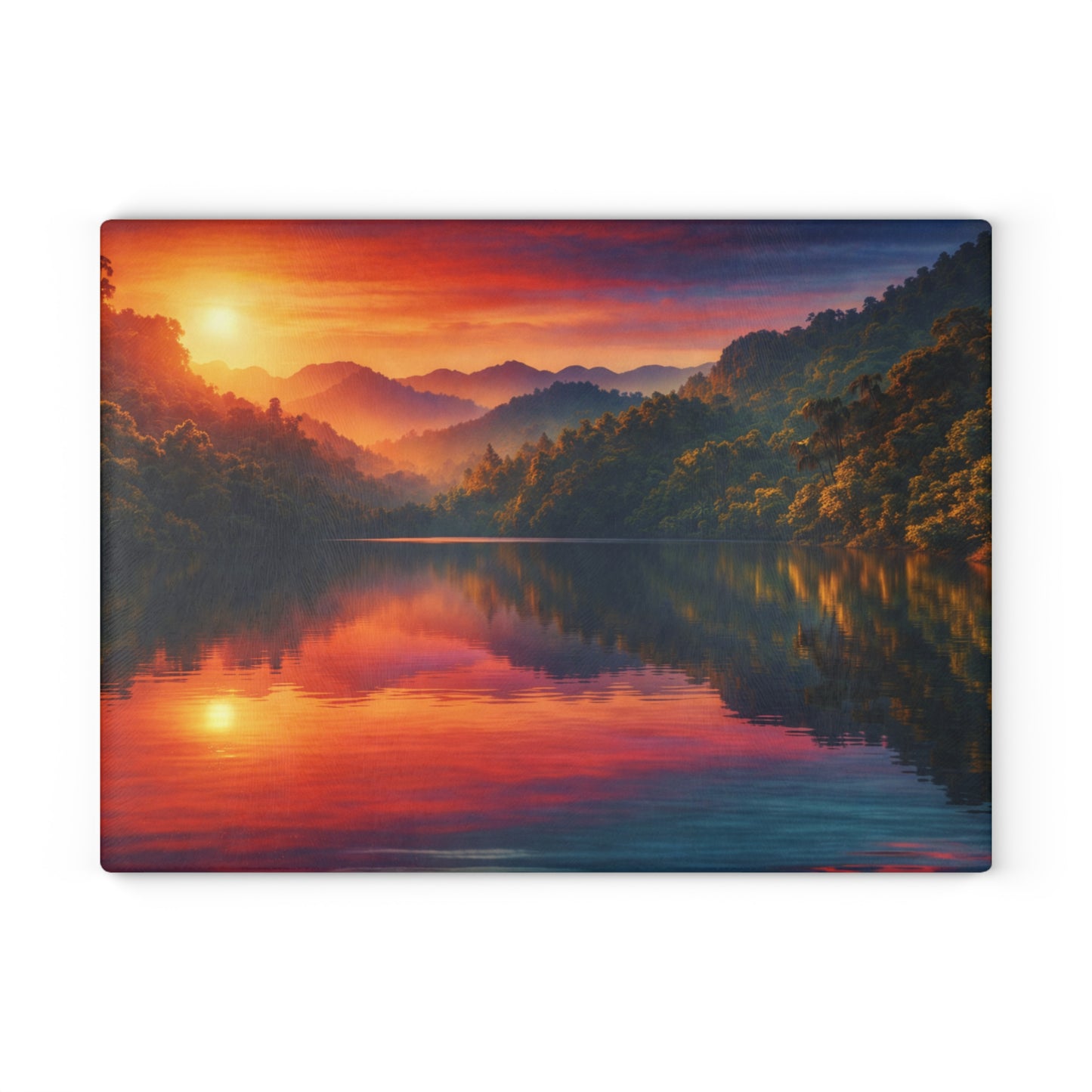 Sunset Mountain Lake Glass Cutting Board – Peaceful Nature Landscape Kitchen Art