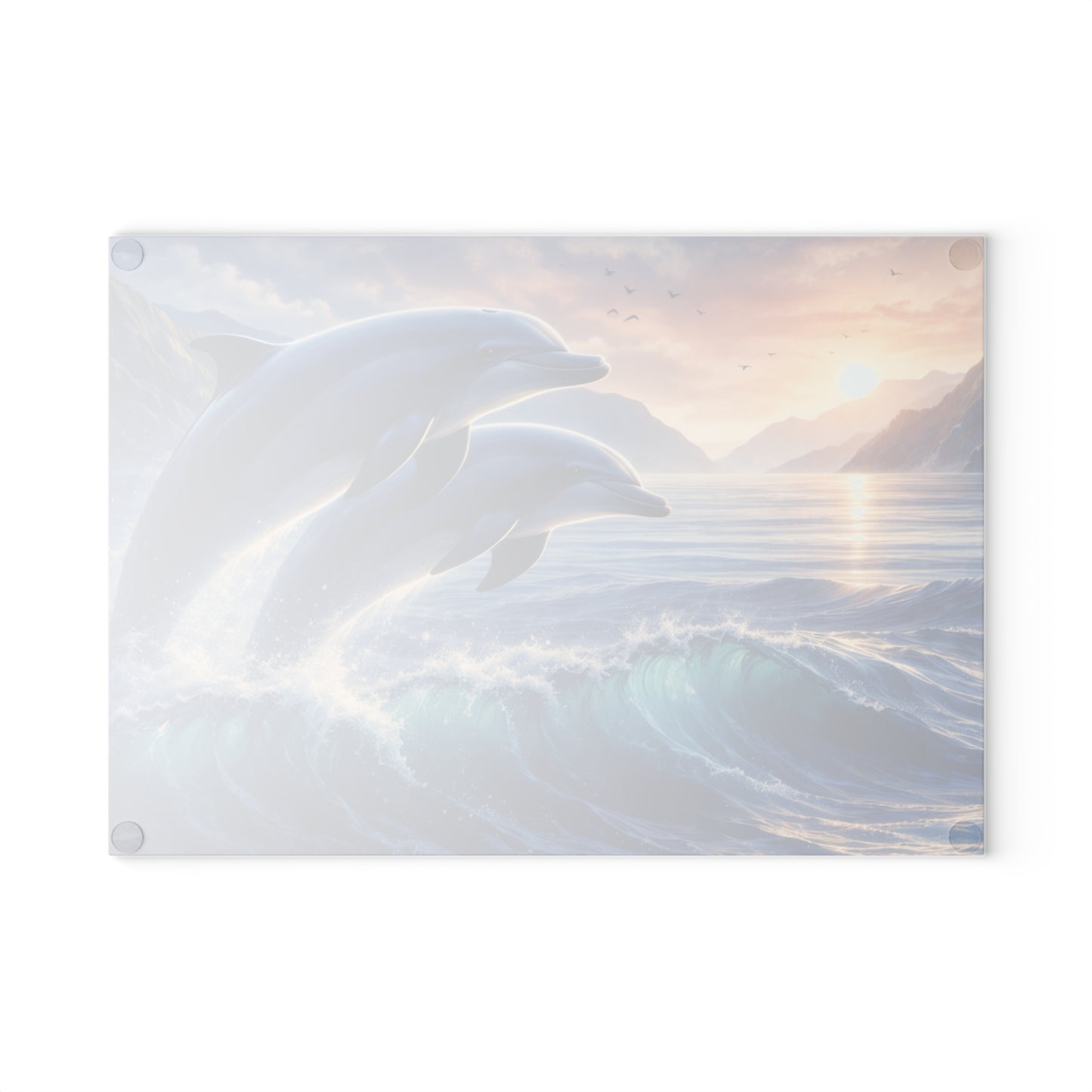 Dolphin Sunset Glass Cutting Board – Ocean-Inspired Artwork with Joyful Dolphins