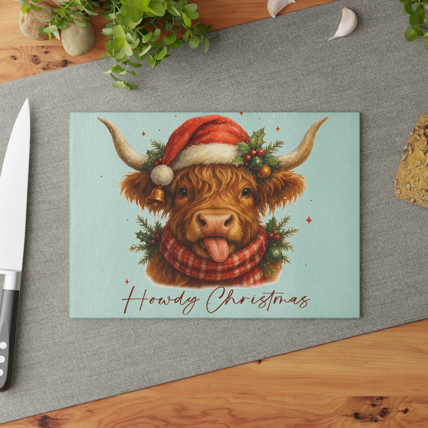 🎄 Howdy Christmas Highland Cow Cutting Board – Festive Country Charm for Your Holiday Kitchen