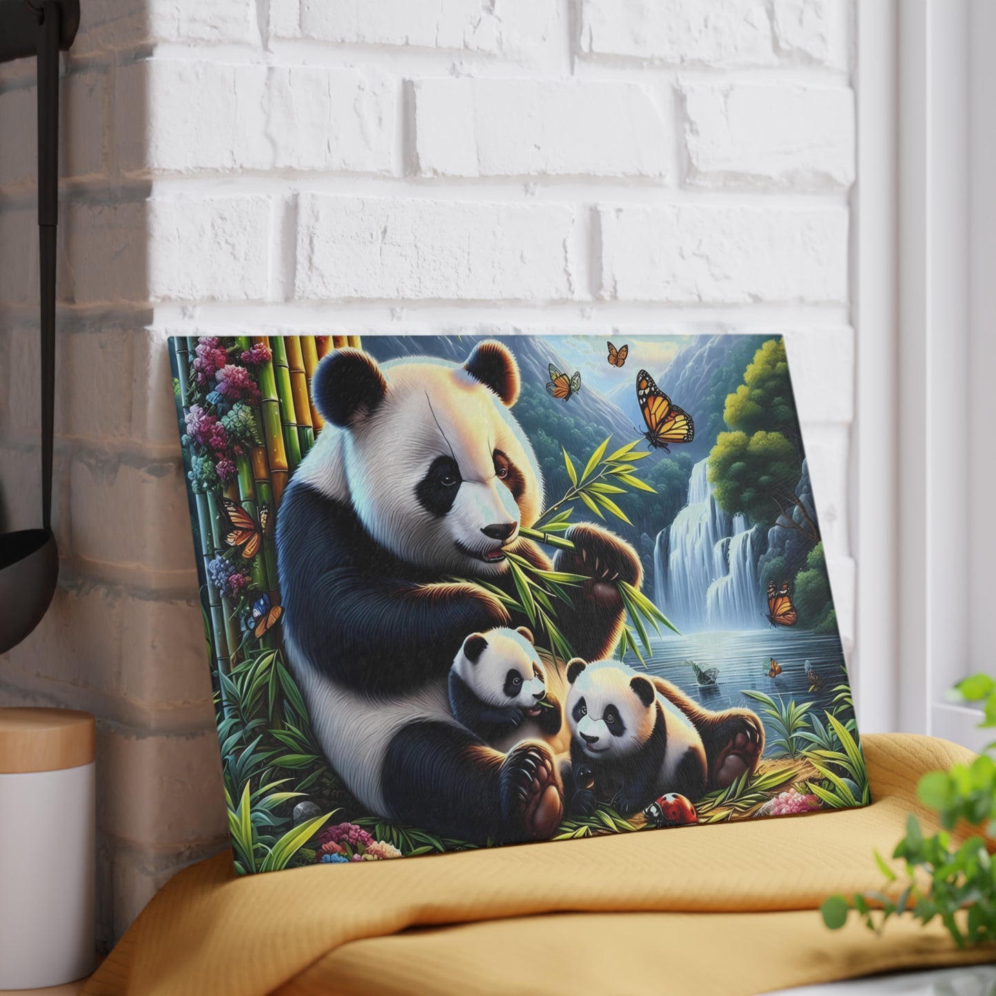 Tabla de cortar con cascada y familia de pandas: una escena natural y caprichosa para tu cocina