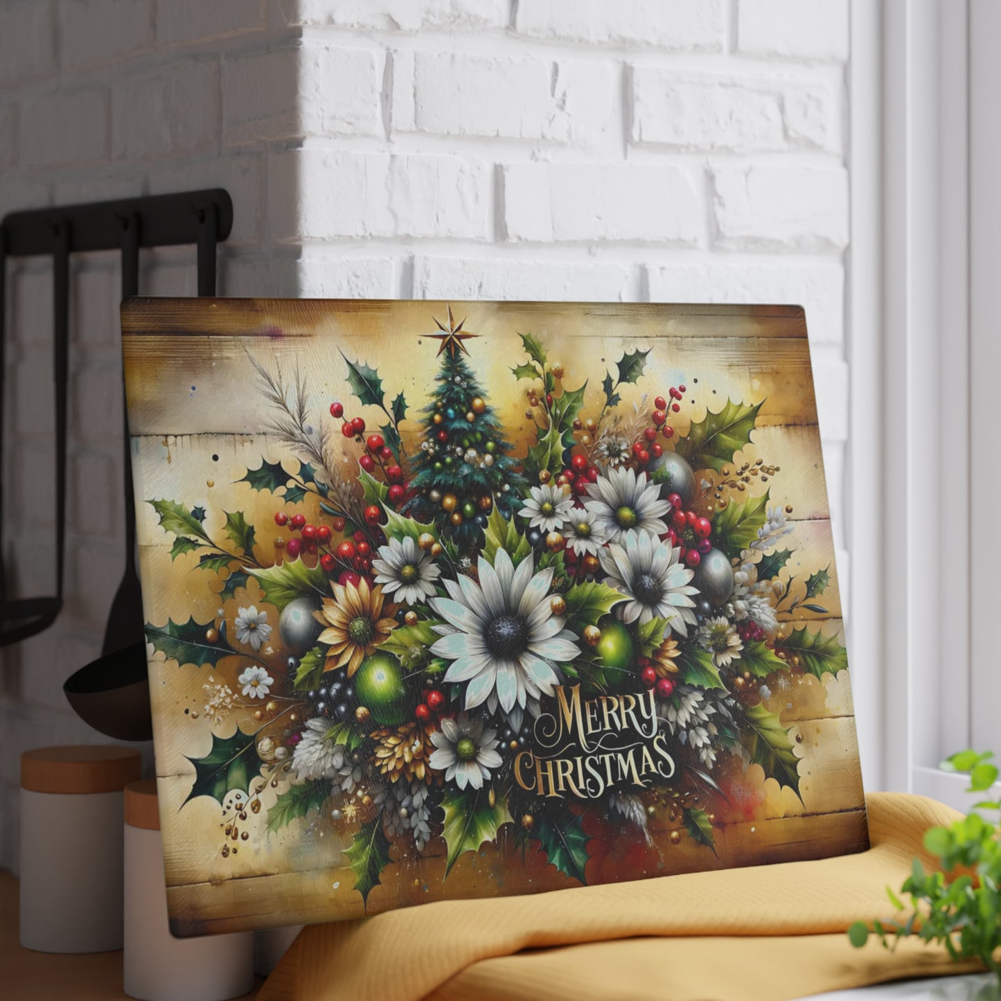 🎄✨ “Merry Christmas Florals” Glass Cutting Board – Festive Farmhouse Glow for Your Kitchen