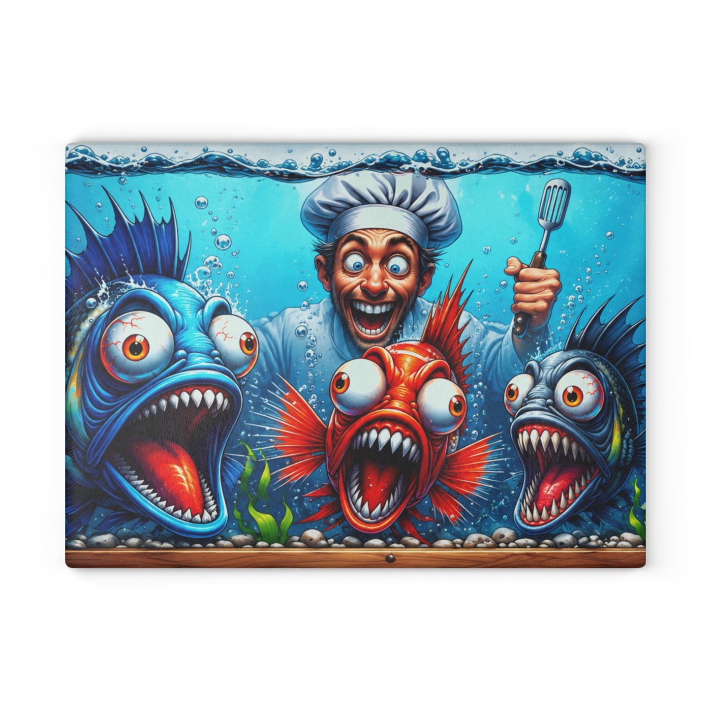 Kitchen Chaos: Fish & Chef Glass Cutting Board – Playful Aquarium Kitchen Art