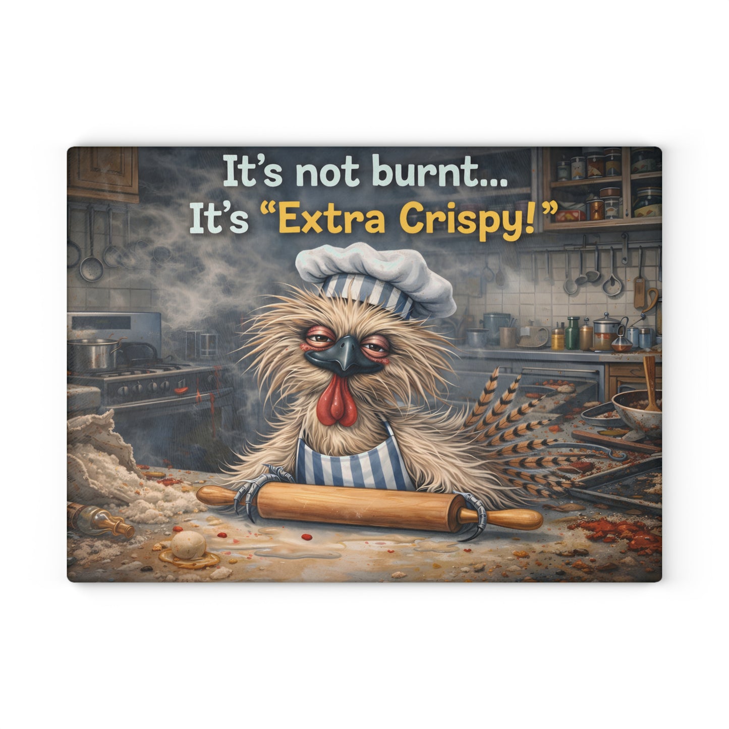 Extra Crispy Kitchen Humor Glass Cutting Board – Playful Baking Chicken Art Decor