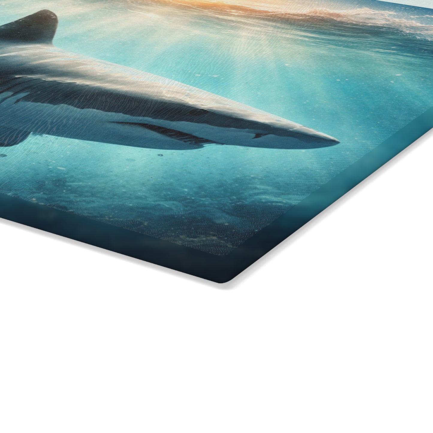 Ocean Guardian Glass Cutting Board – Majestic Shark in Sunlit Blue Waters