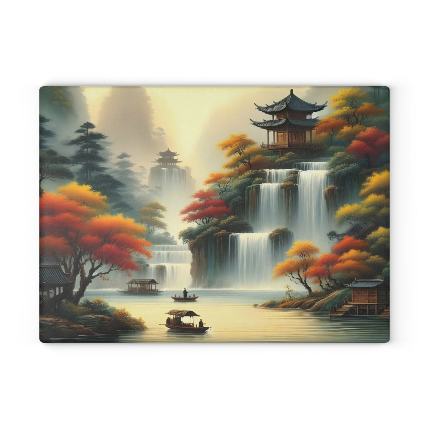 🍂🏯 Golden Serenity Waterfall Cutting Board – Peaceful Pagoda Landscape Art 🏯🍂