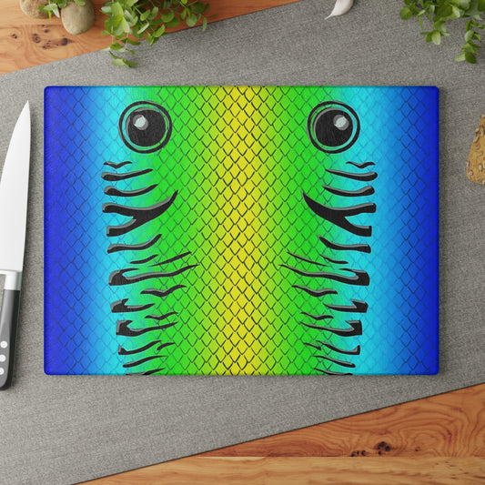 Vibrant Fish Face Glass Cutting Board – Bold Colorful Kitchen Artwork