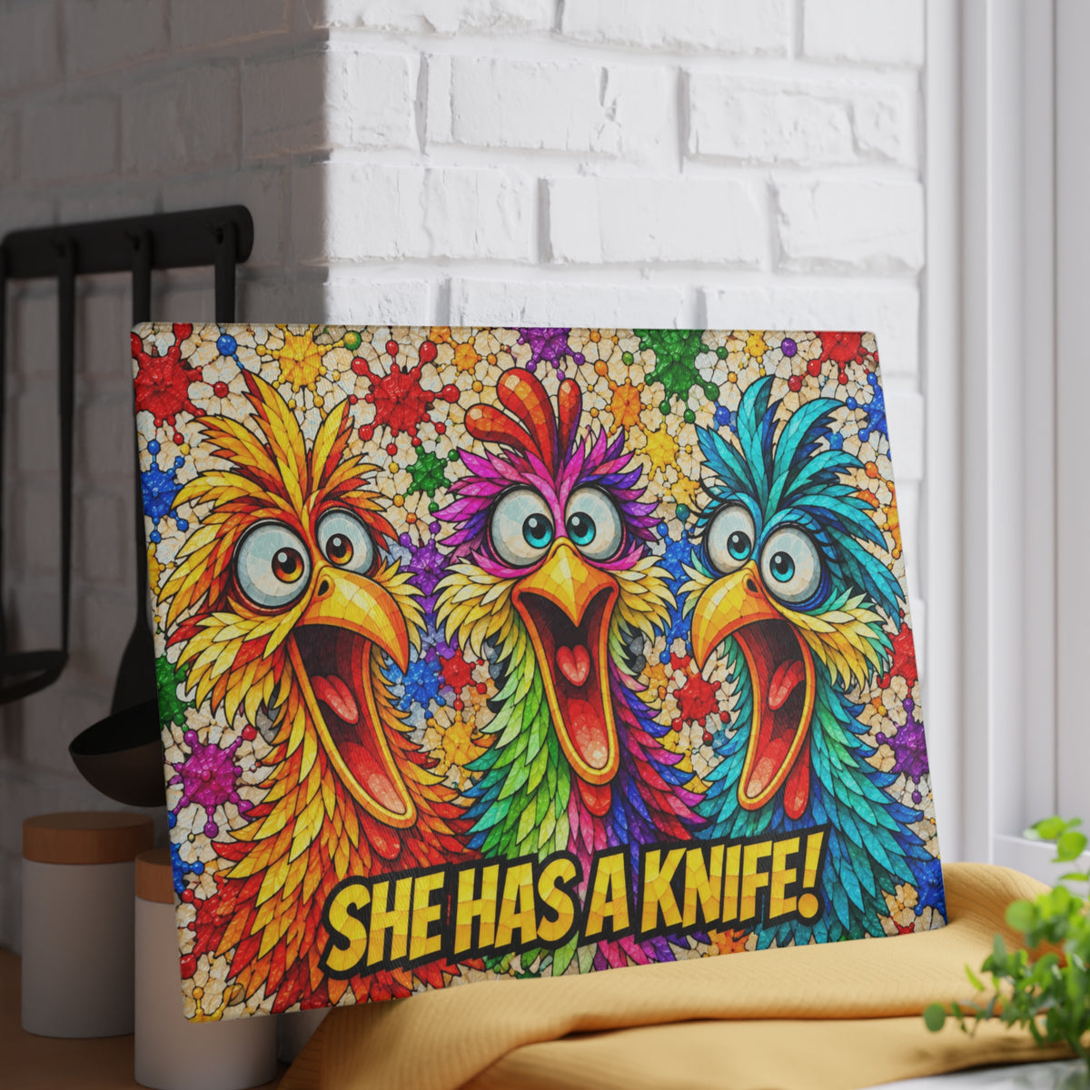 She Has a Knife! Funny Colorful Birds Stained-Glass-Inspired Glass Cutting Board