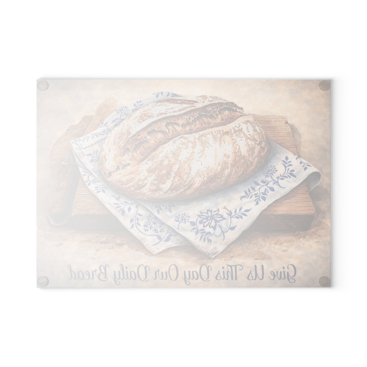 Give Us This Day Glass Cutting Board – Rustic Bread Artwork with Faith-Inspired Message