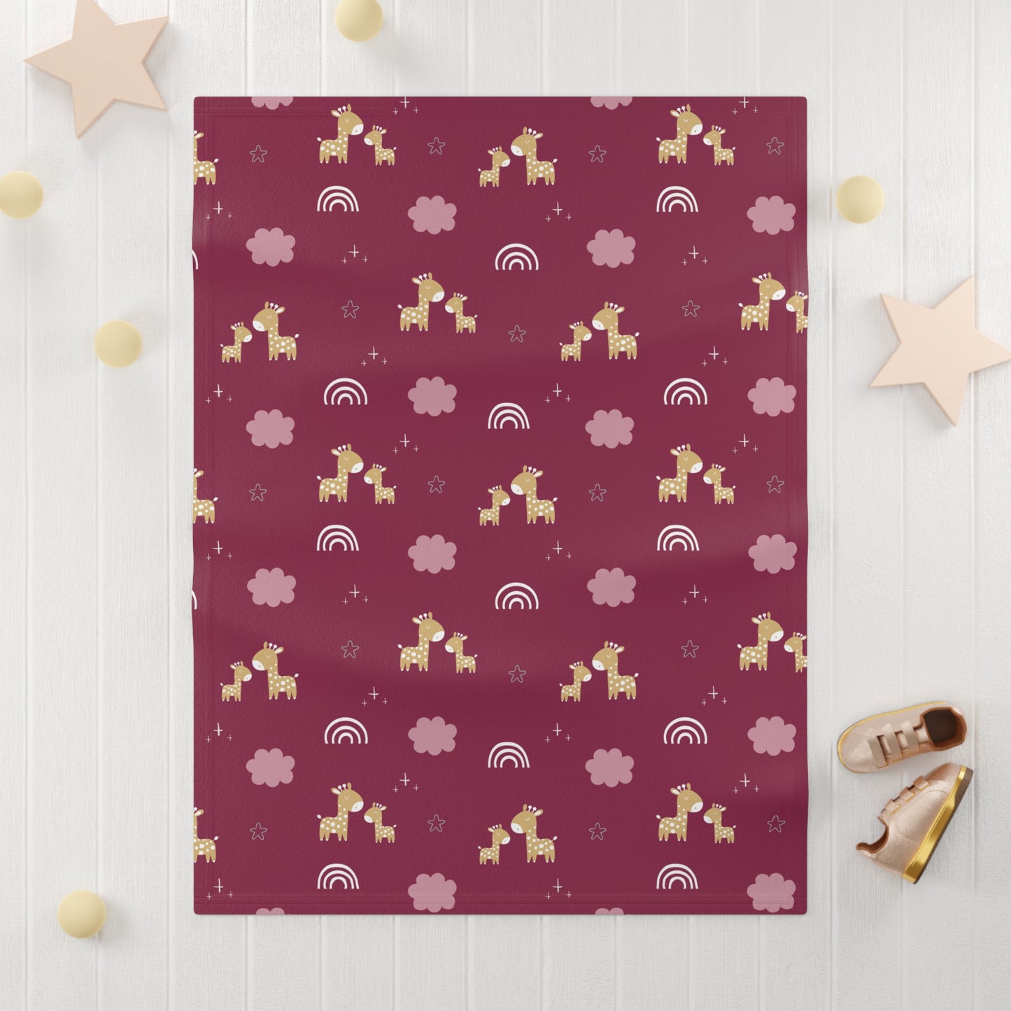 Burgundy Giraffe & Rainbows Baby Blanket – Ultra-Soft Fleece 30″×40″ | Warm Maroon Nursery Cozy