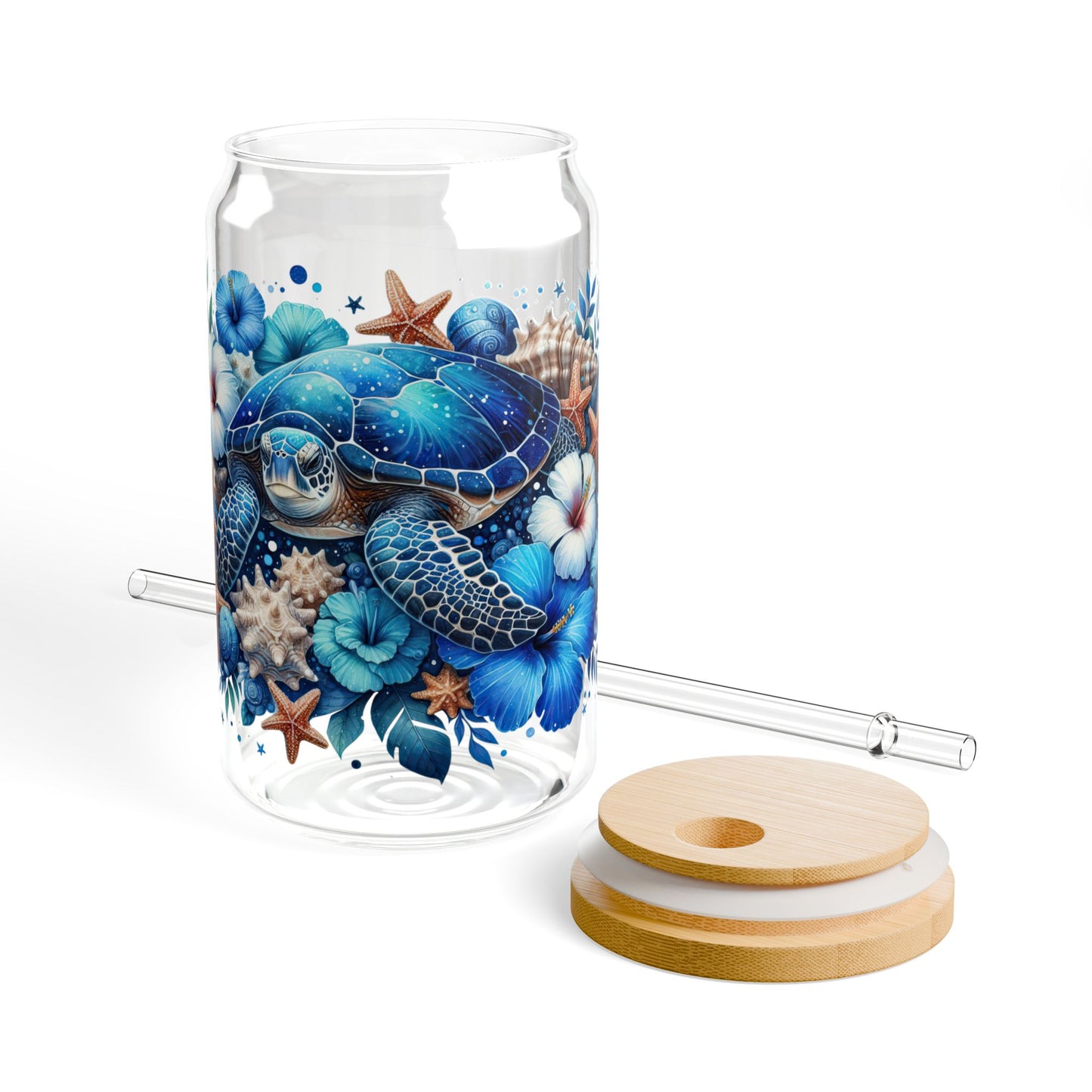 Vaso para beber con forma de tortuga marina azul y estrella de mar – 16 oz Ocean Vibes con tapa de bambú y pajita 🌊