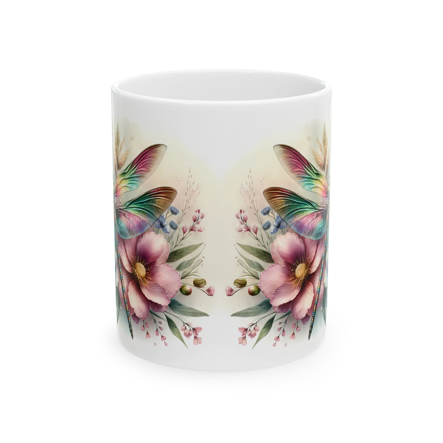🌈 Magia del Jardín Arcoíris – Envoltorio para Taza de Café con Libélula Vibrante ☕