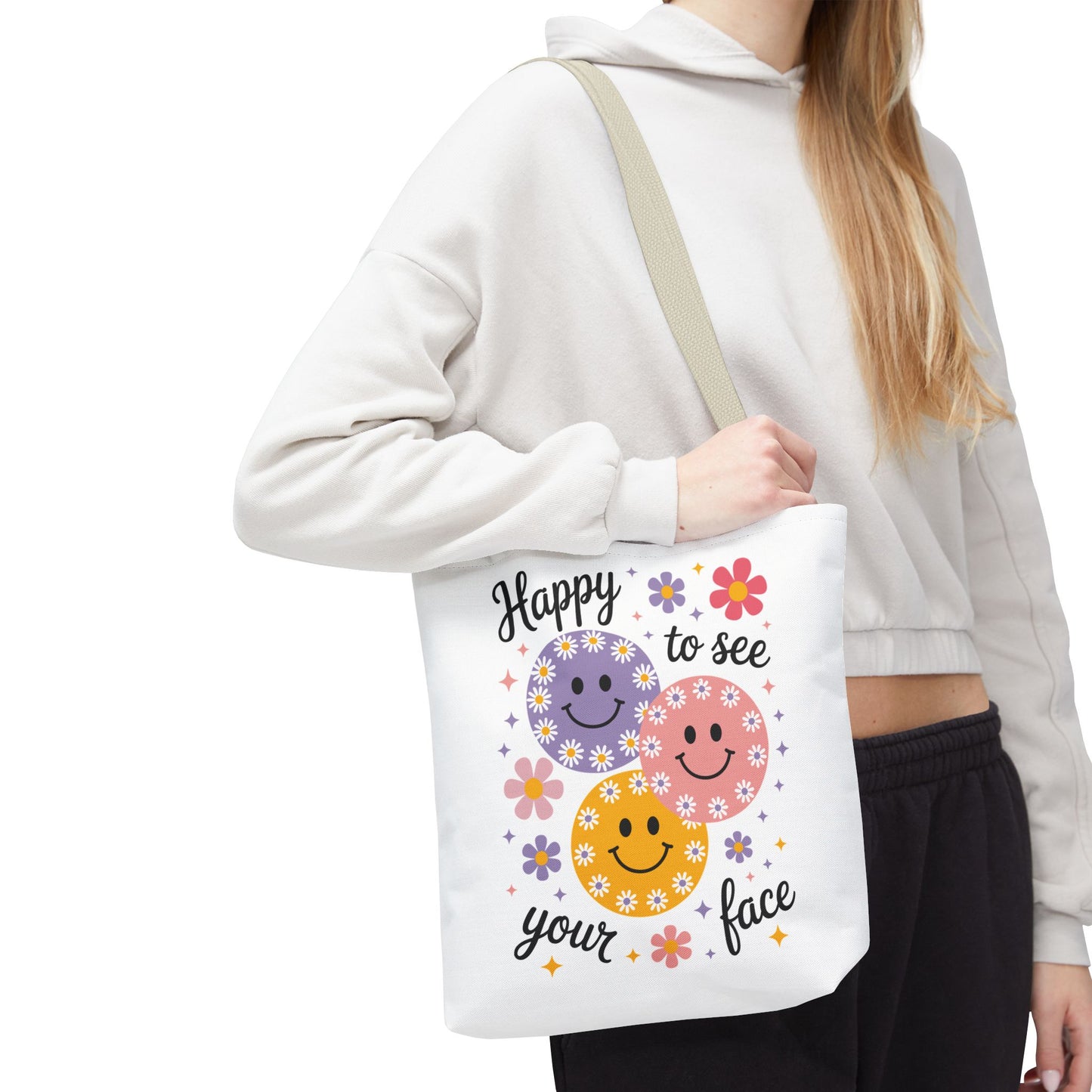 🌼 Happy Face Daisy Tote Bag – Retro Smiles with Floral Charm 🌸