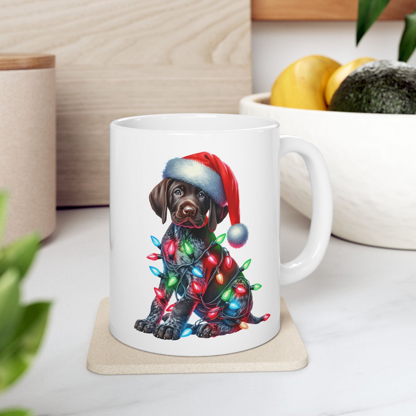 🎄 German Shorthair Pointer Christmas Mug – Holiday Cheer Wrapped in Lights 🎄