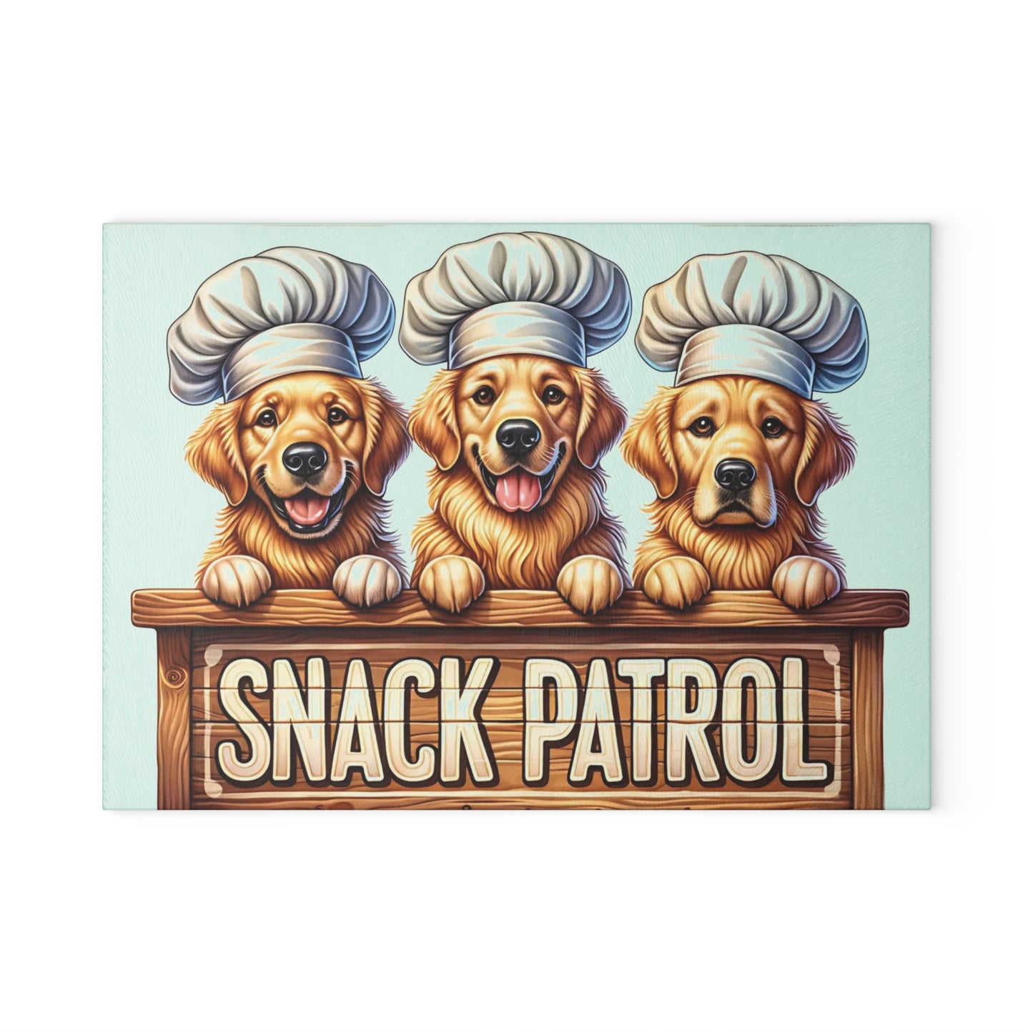 🐶🍪 “Snack Patrol” Glass Cutting Board – Golden Retrievers on Duty