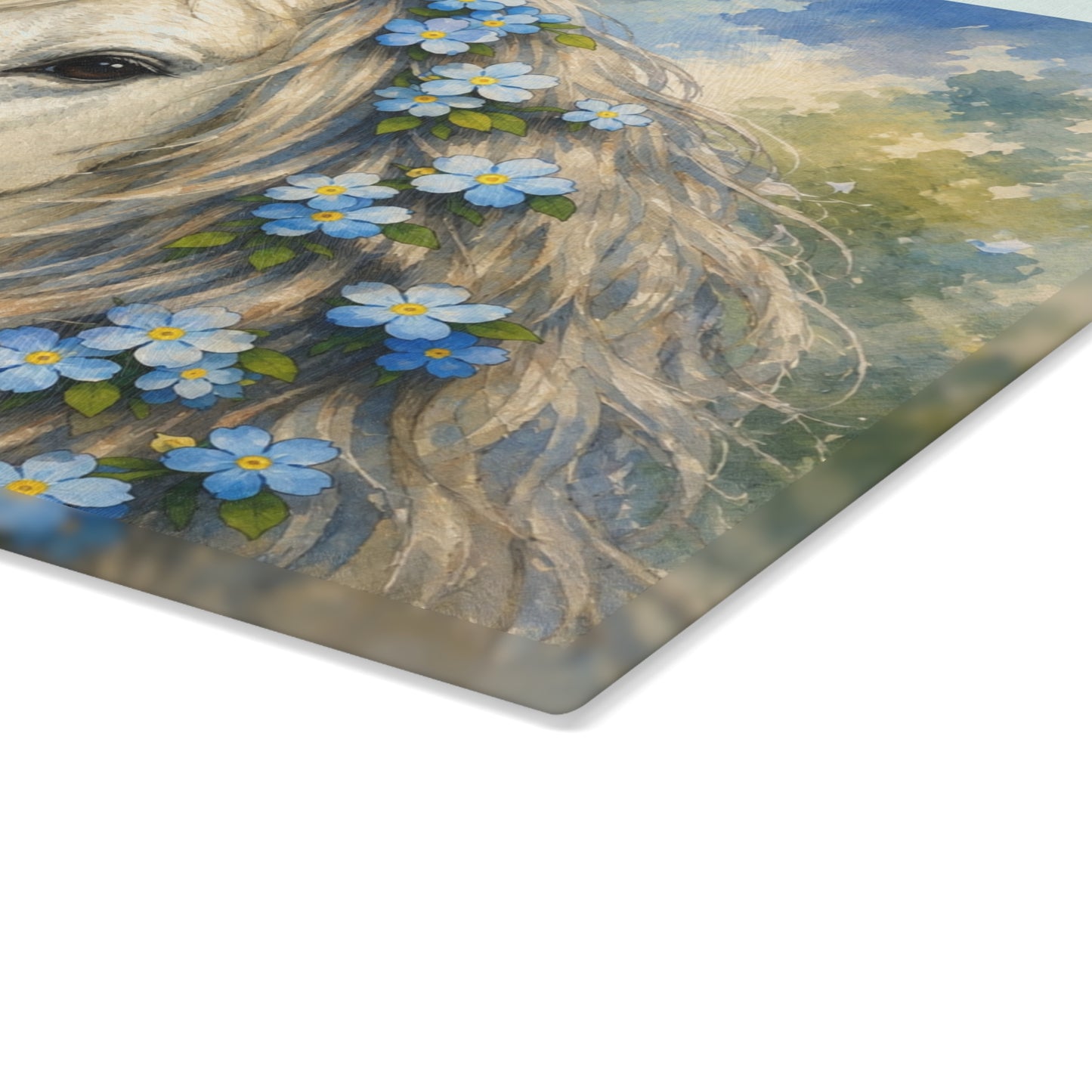 White Horse with Forget-Me-Not Flowers Glass Cutting Board – Elegant Equestrian Kitchen Decor
