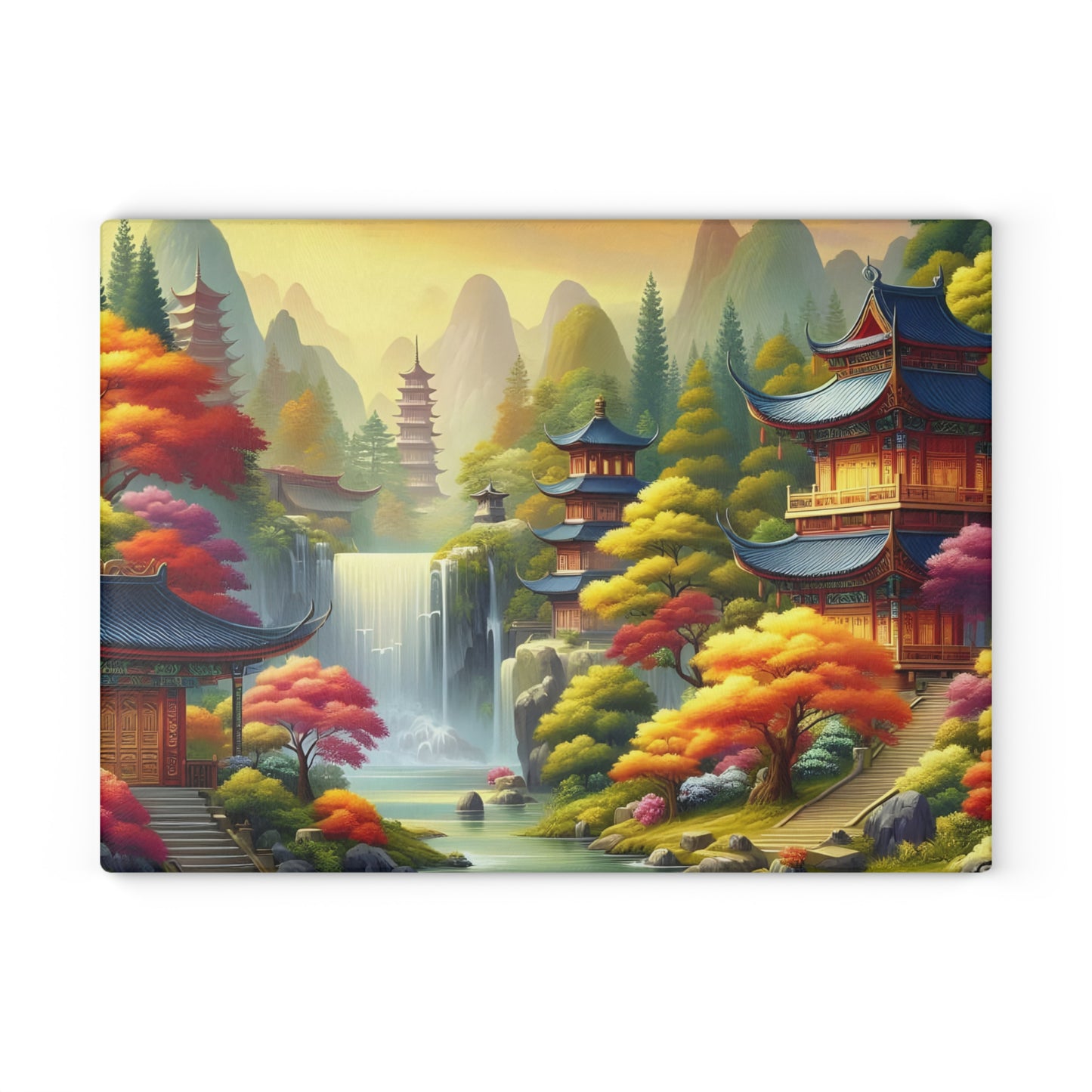 🍁🏯 Tranquil Pagoda Falls Cutting Board – Serene Autumn Landscape Art 🏯🍁