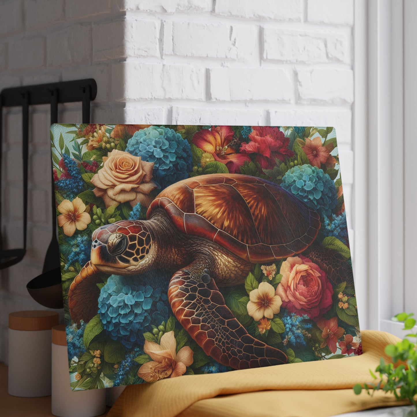 🐢🌺 Sea Turtle in Bloom Cutting Board – Ocean Serenity Meets Garden Elegance 🌊